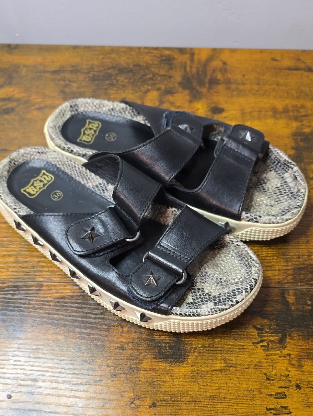 ASH "Kab" Black Leather Gunmetal Star Studded Slides - Picture 2 of 5
